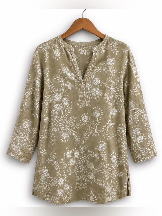 Columbia Tops - Columbia | Split Neck Daisy Long Sleeve 100% Cotton Tunic Top Beach Coverup M